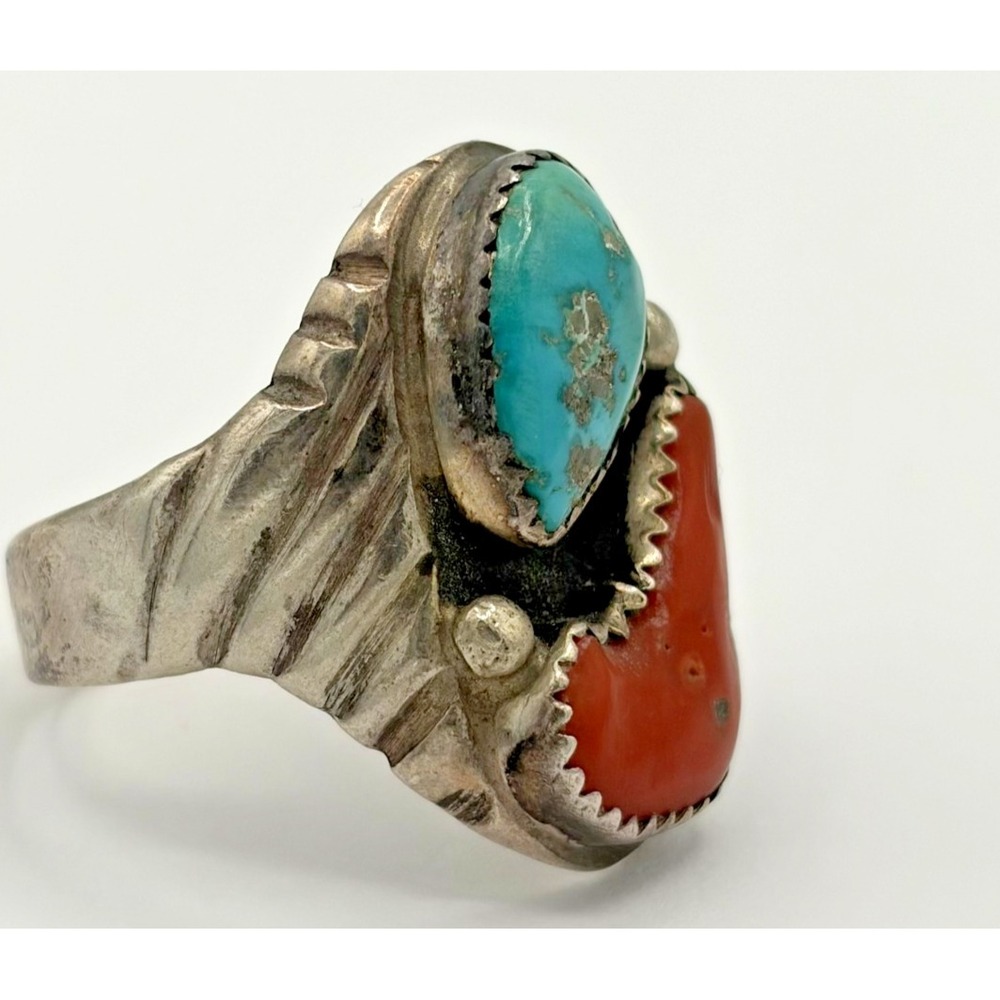 Vintage Ray Fierro Navajo Sterling Silver Turquoise Coral Ring - Picture 2 of 8